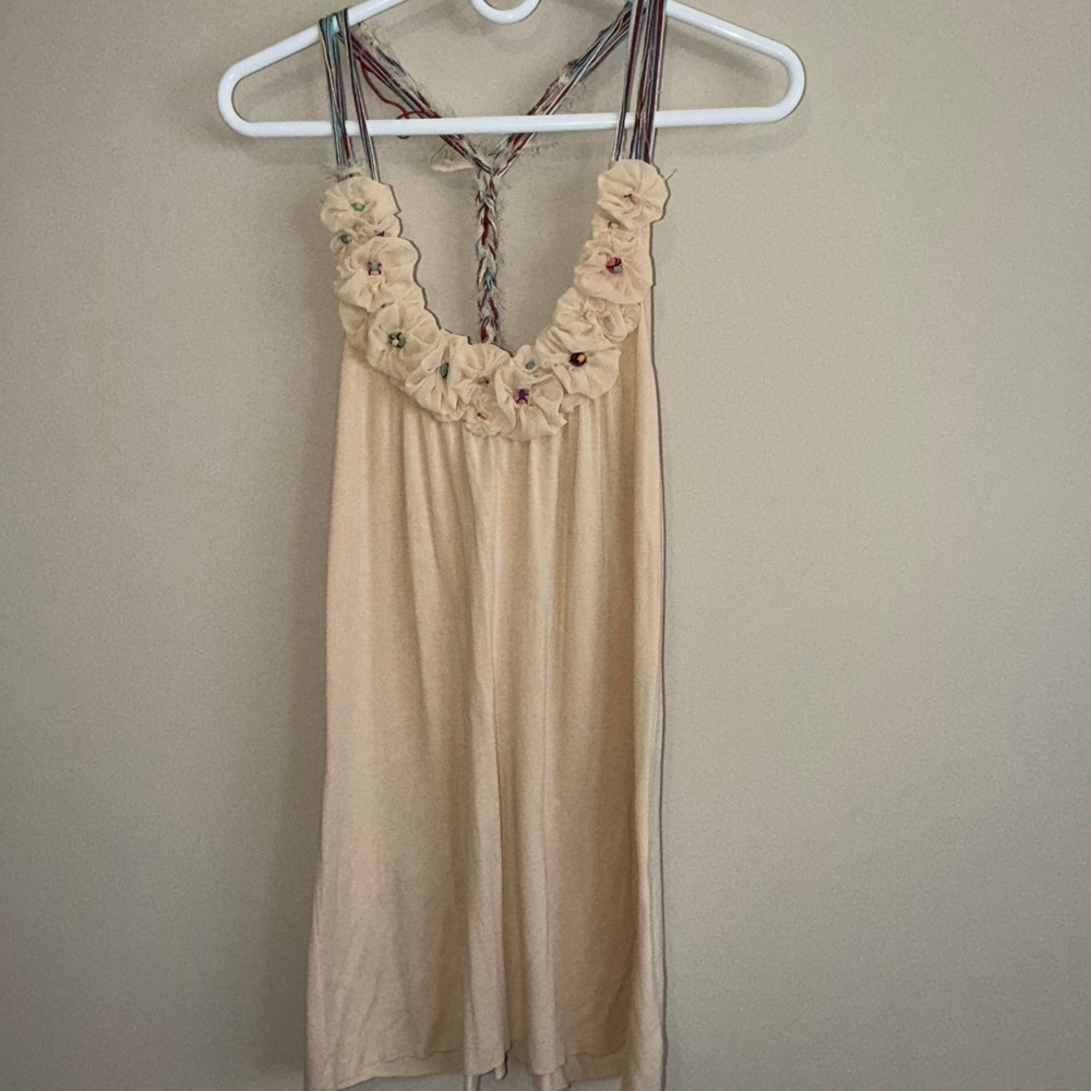 Rampage Tank Top Beige Floral Rosette Beaded Braided Racerback Boho Fairy Small